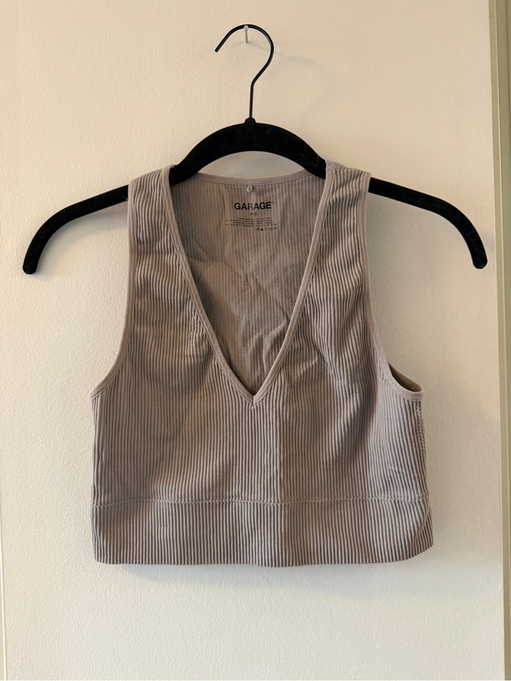 Garage Ribbed V-Neck Crop Tank Top - Taupe